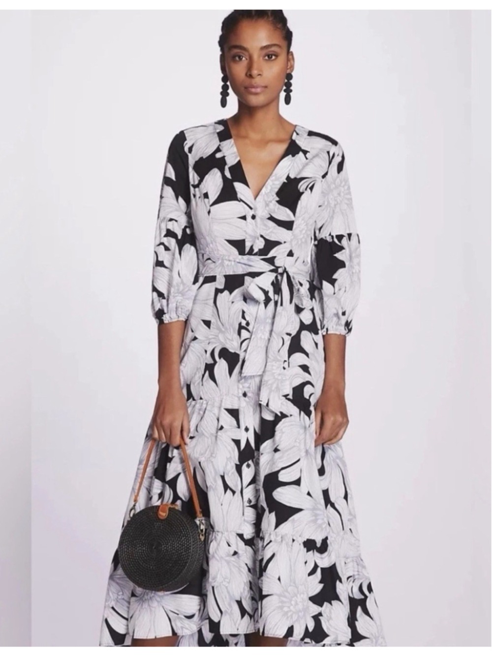 Anthropologie Maeve Puff-Sleeve Boho Midi Dress Sz 2 Tiered Cotton Pockets Party